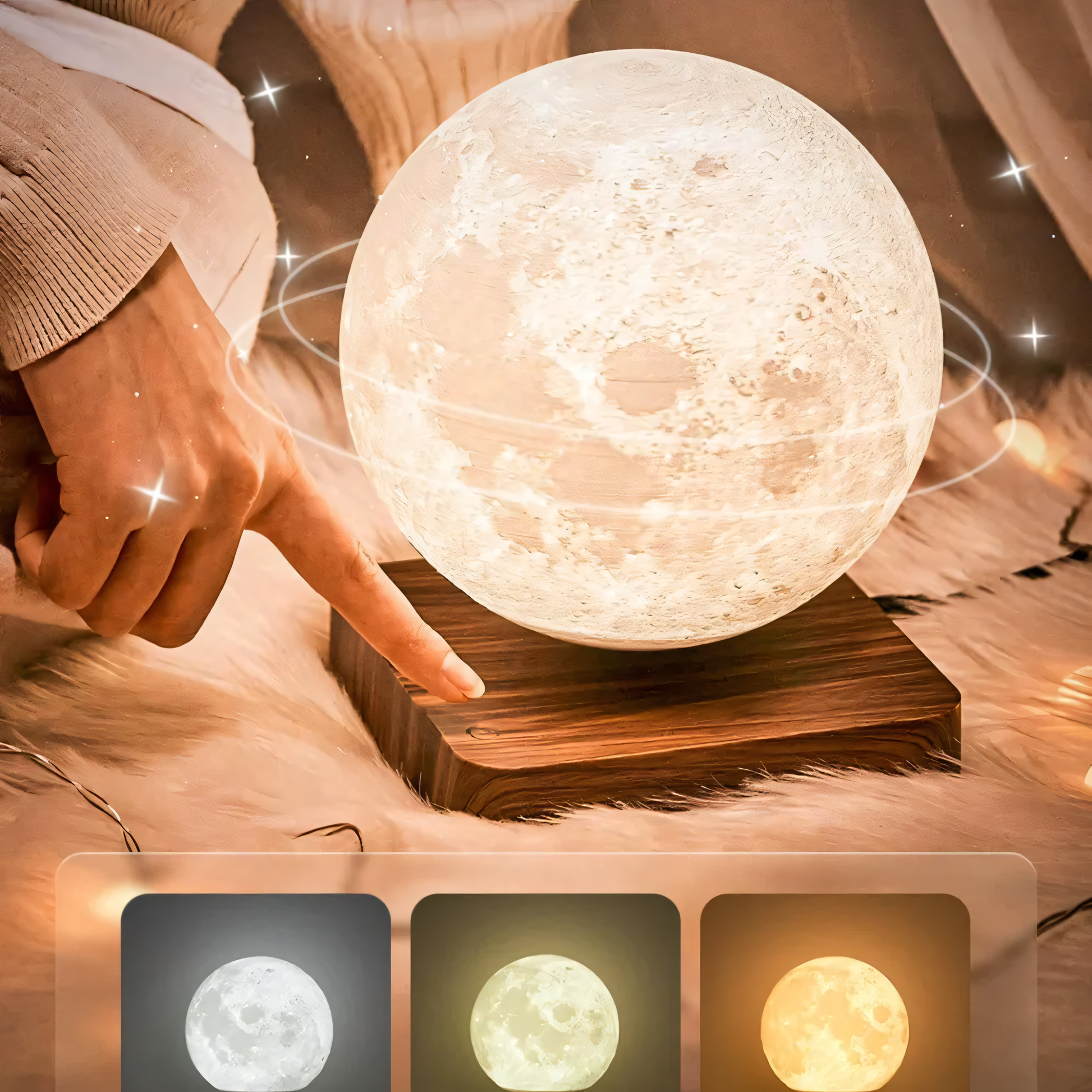 Child reaching out to touch levitating moon lamp