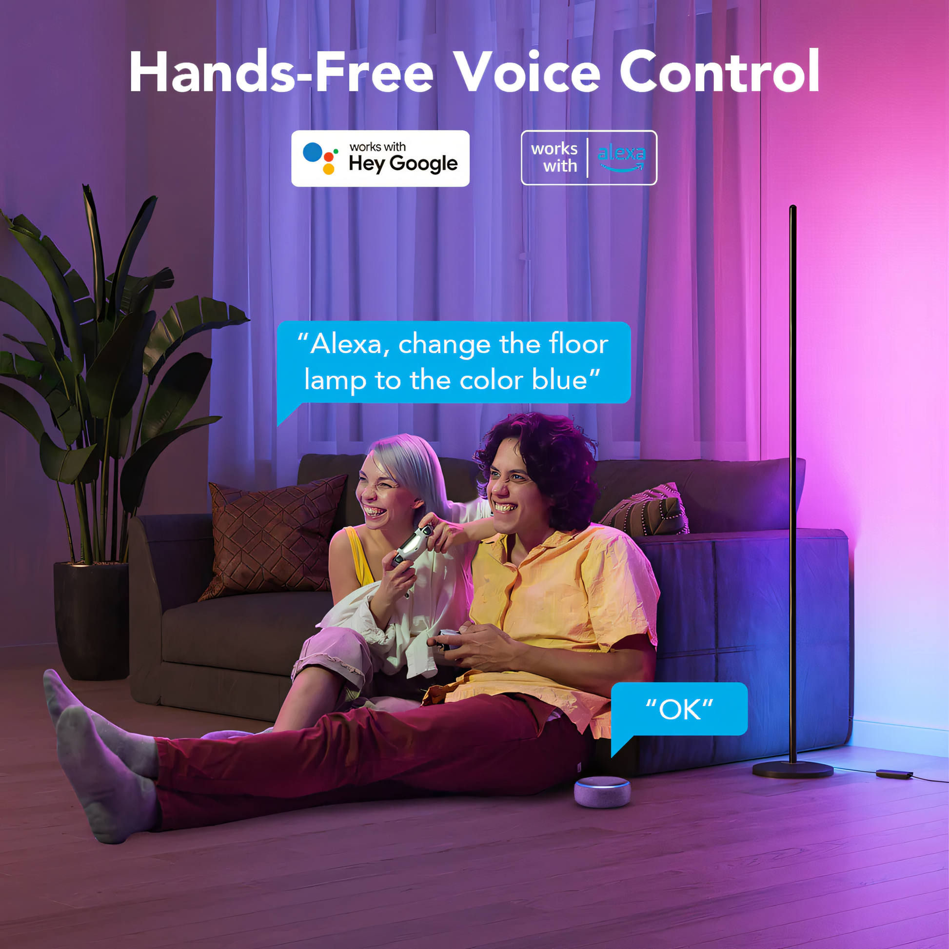 StripX Smart RGB Floor Lamp integrated into a smart home setup with voice control